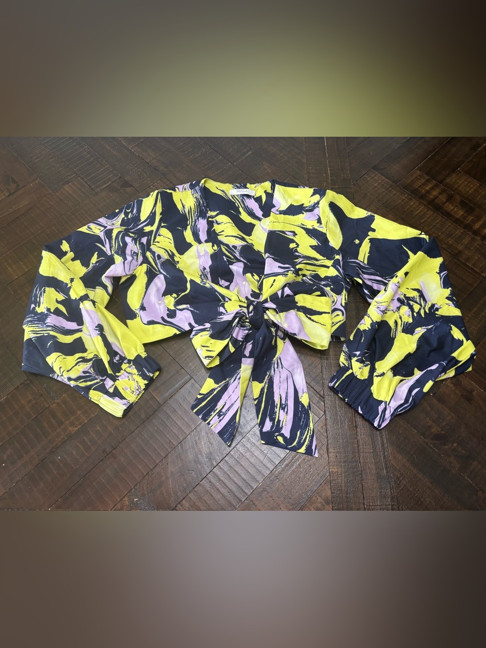 Mulla Large Floral Wrap Top Black Yellow Tie Waist Ruffle Sleeve Blouse